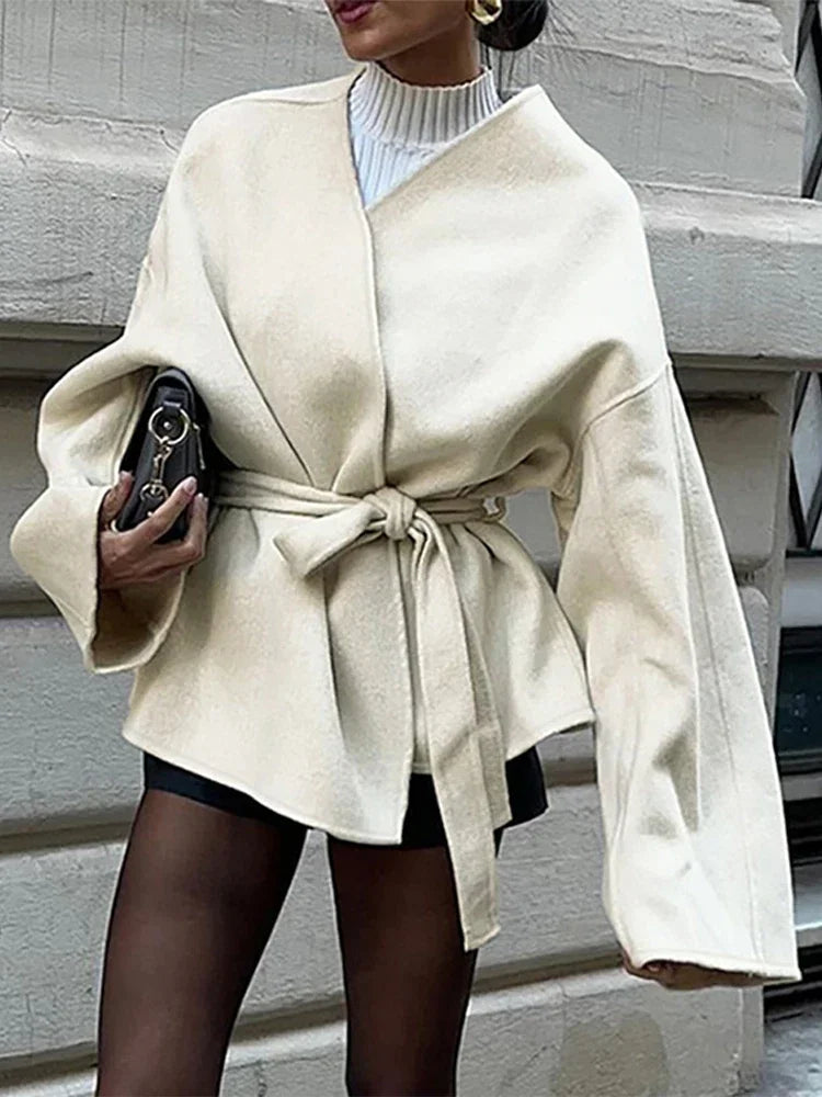 LIZAKOSHT  -  Elegant Lace Up Coat For Women V-neck Long Sleeve Slim Jacket Cardigan 2024 Autumn Winter Lady Streetwear Outwear New In Coats