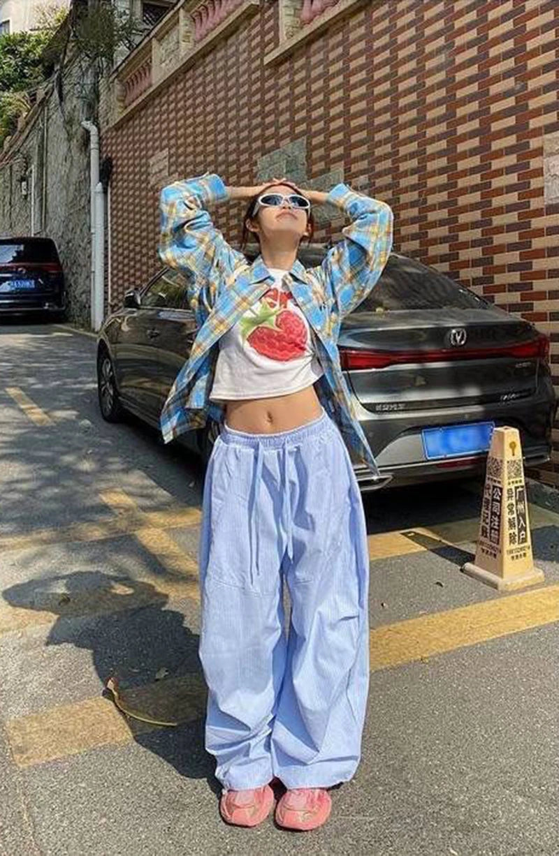 LIZAKOSHT  -  Women Striped Jazz Dance Pants Blue Loose Casual Lazy Wide Leg Pants Harajuku Y2K Summer American Streetwear Cargo Pants