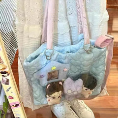 LIZAKOSHT  -  Harajuku Blue Shoulder Bags Women Transparent Large Capacity Casual Tote Bag Ladies Sweet Canvas Messenger Bag Aesthetic