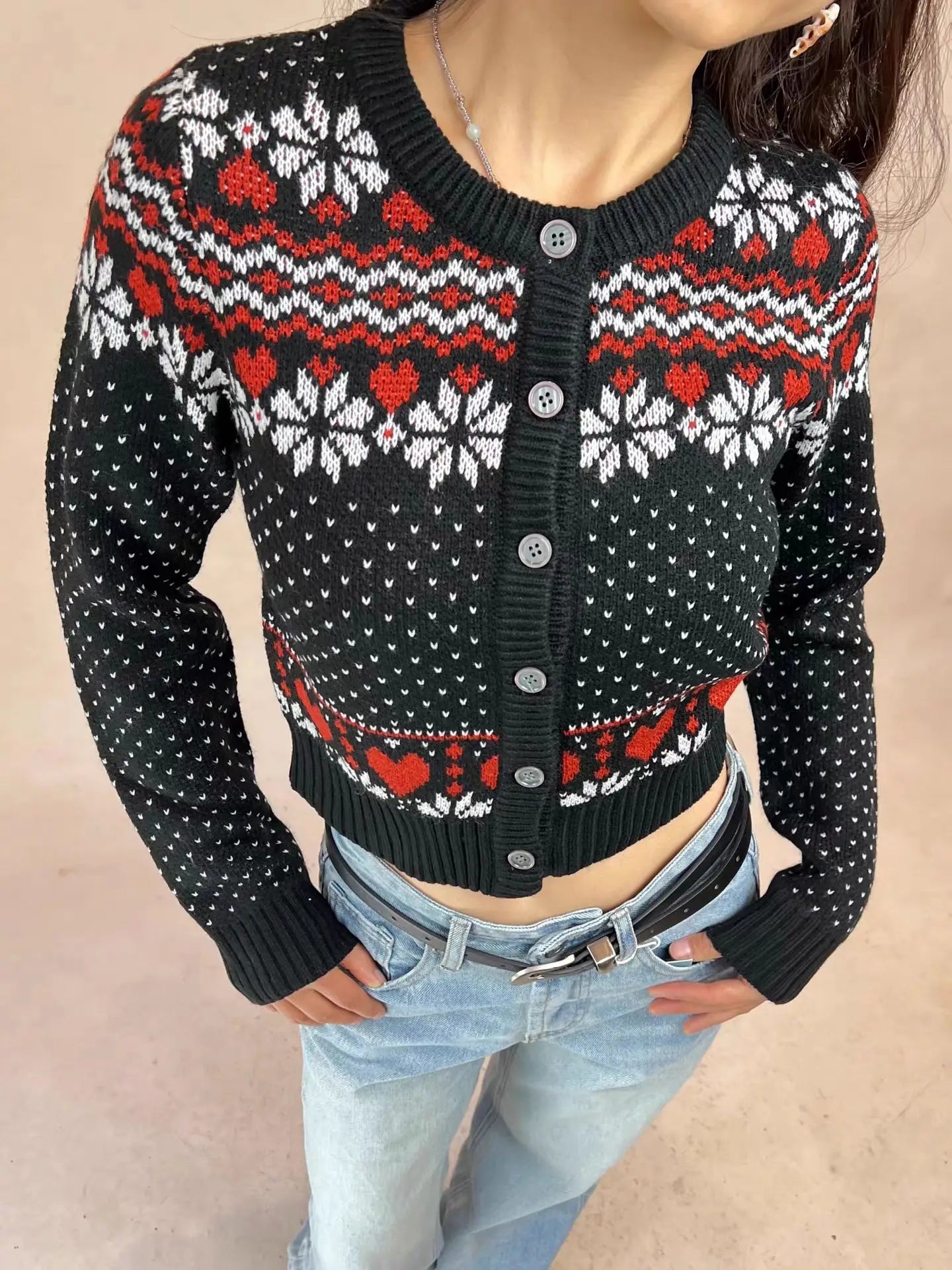 LIZAKOSHT  -  Geometric Jacquard Sweater Cardigan Woman O-neck Long Sleeve Slim Crop Top Female Casual Vintage Sweet Sweaters Autumn New Coat