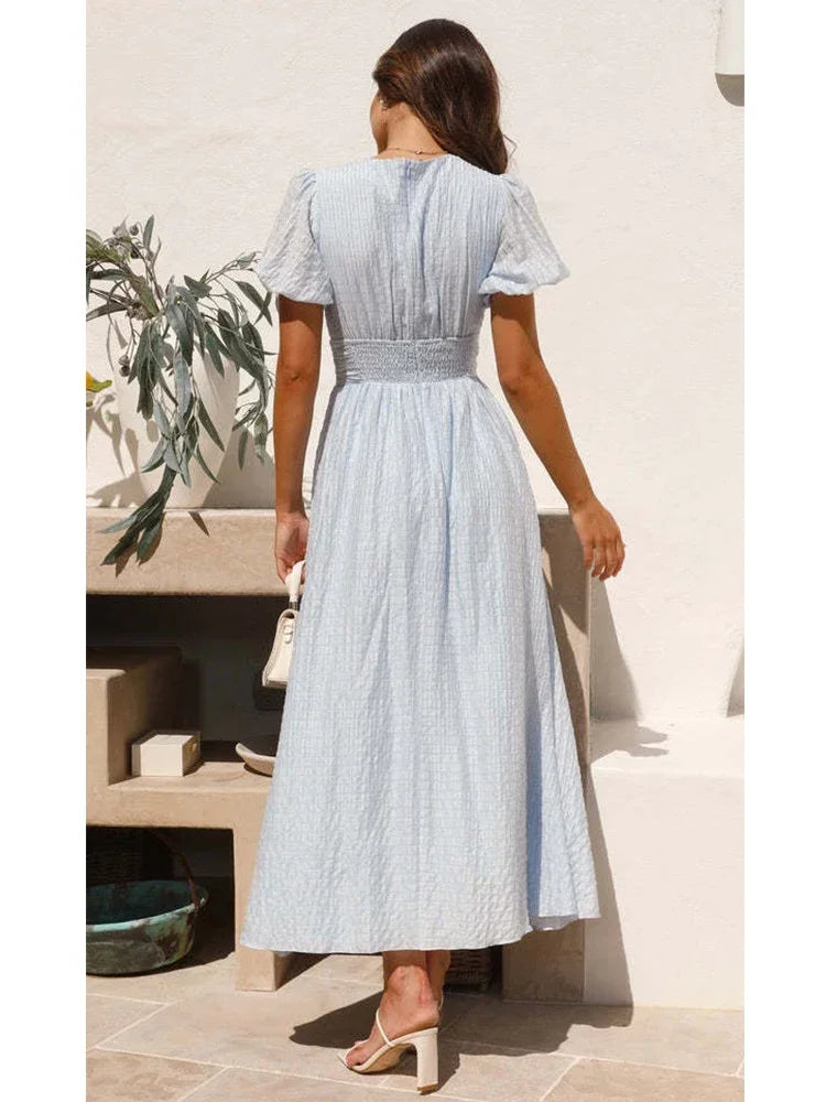 Lizakosht V-neck Yellow Puff Sleeve Split Solid Summer Women Dress 2024 A-line Maxi Long Sundress Vestido Button Beach Dress Party