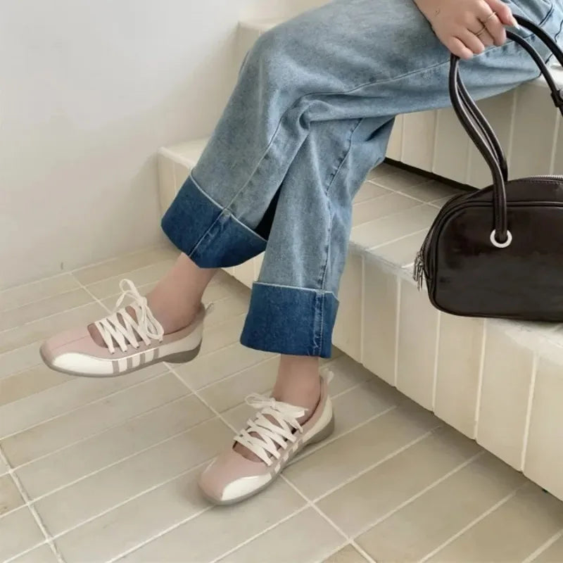LIZAKOSHT  -   Korean Style Women's Ballet Slippers Spring New Design Sensibility Flat Bottom Tied Shoes Adult Color Block Style