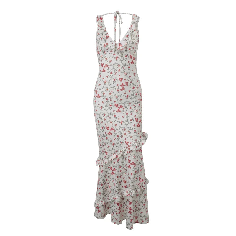 LIZAKOSHT  -  Floral Print Sexy V Neck Ruffles Elegant Bodycon Maxi Dresses Spring Fashion Holiday Streetwear Party Women Vestidos