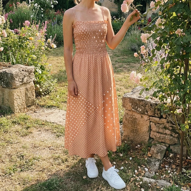 LIZAKOSHT  -  Women Polka Dot Print Dress Shirred Sleeveless Spaghetti Strap Maxi Dress Beach Vacation Party Night Cocktail Dress