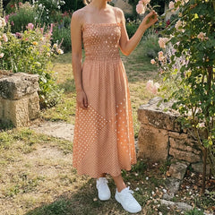 LIZAKOSHT  -  Women Polka Dot Print Dress Shirred Sleeveless Spaghetti Strap Maxi Dress Beach Vacation Party Night Cocktail Dress