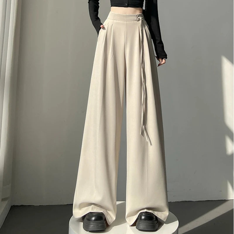 LIZAKOSHT  -  New Spring Summer Buttons High Waist Wide Leg Pants for Women High Waist Lace-up Straight Loose Full Length Trousers Female