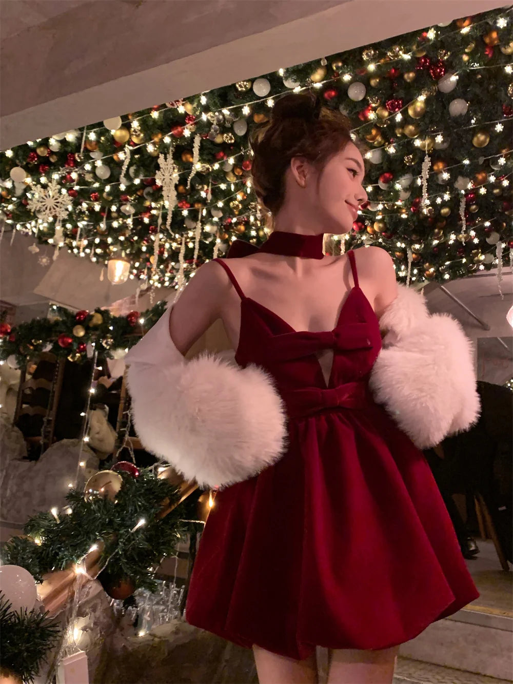 LIZAKOSHT -  Sexy Velvet Short Dress Women Bow Red Vintage Sweet Party Dress Female Sleeveless Korean Fairy Mini Evening Dress Winter