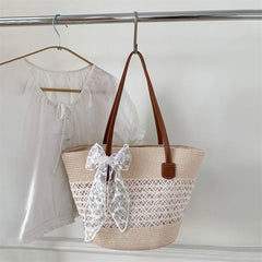 LIZAKOSHT  -  Fashionable Women s Straw Tote Bag with Hollow Out Design Perfect for Summer Beach Trips and Everyday Commutes Lightweight