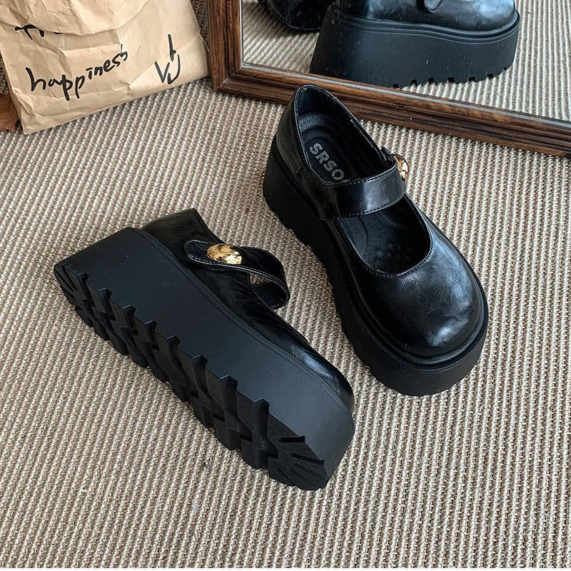 LIZAKOSHT  -  Autumn Vintage Platform Women Mary Jane Shoes  Fashion Outdoor Stripper Shoes Ladies Thick High Heels jk Leather Pumps