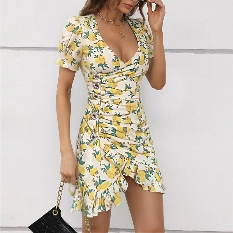 LIZAKOSHT  -  Summer Women Sexy Flora Painted Ruffle Slim Dress Chic Deep V-neck Double Layered Ruffled Hem Dresses Lady New Daily Party Gowns