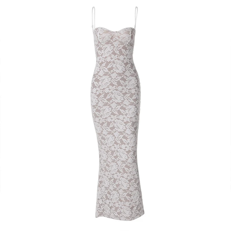 LIZAKOSHT  -  Sexy Lace Backless Slim Fit Summer Strap Dress 2025 Elegant Sleeveless Backless Back Split Hem Wrapped Hip Maxi Dress Party