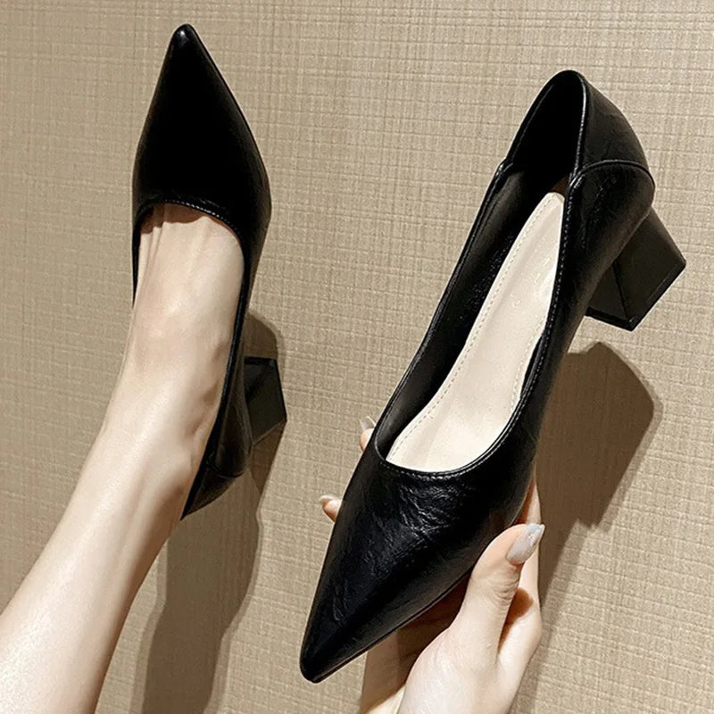 LIZAKOSHT  -  Women 4.5cm High Heels Concise Commuting Daily Pumps Female Pointed Toe Block Heels Lady Versatile Shallow Barefoot Shoes