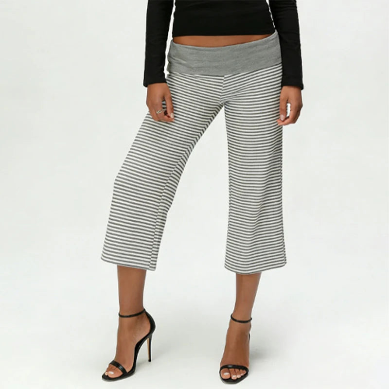 LIZAKOSHT  -  Solid Fold-Over Waist Culotte Lounge Pants High Waist Wide Leg Knit Summer Minimalist Women Chic Y2K Neutral Tone Trousers