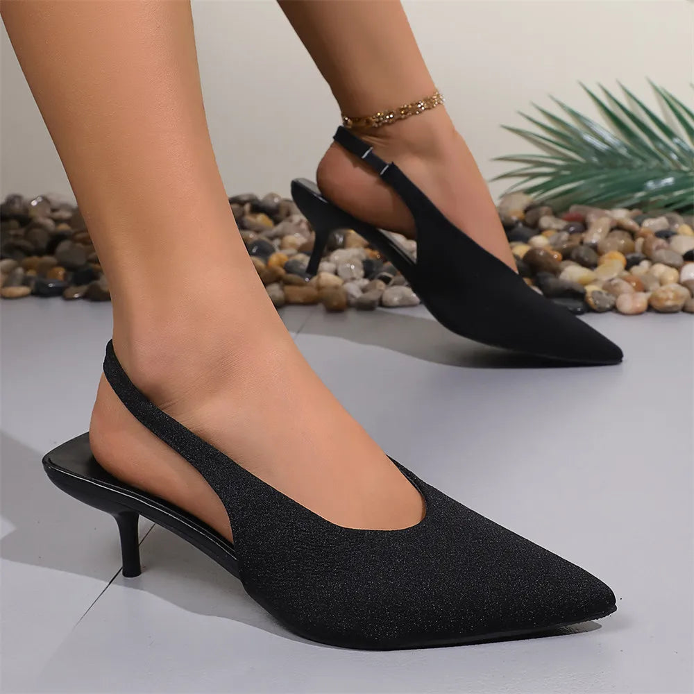 LIZAKOSHT  -  Big Size 43 Elegant Black Kitten Heels Slingback Pumps Classic Pointy Toe Slip On Office Lady Shoes Women