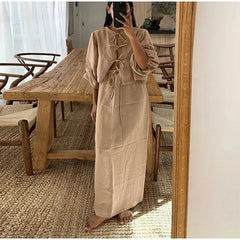 LIZAKOSHT  -  Fashion O-neck Lace-up Shirt Skirt Sets Lady Causal Long Lantern Sleeves Maxi Skirt Suits 2024 Loose High Street 2 Piece Outfit