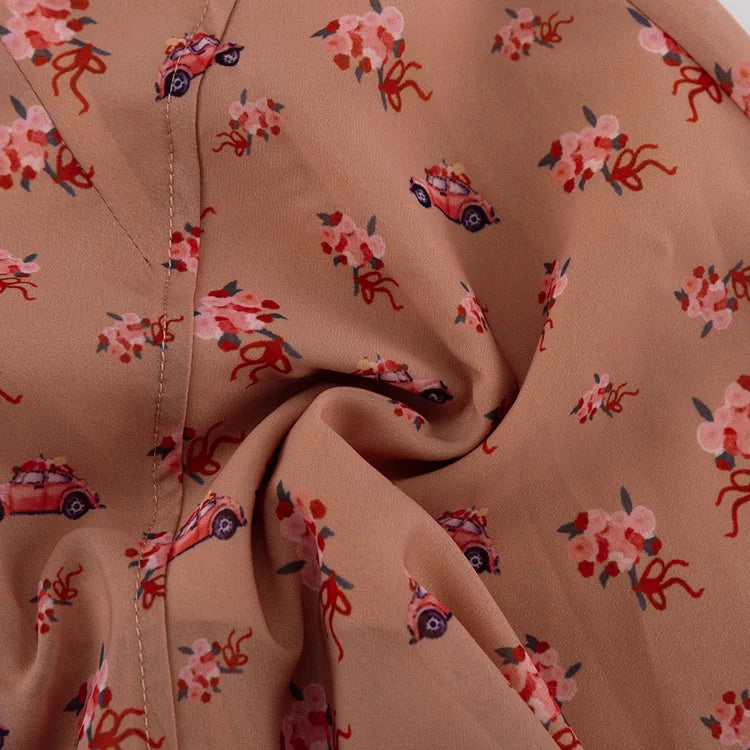 LIZAKOSHT  -  Fashion Printing Contrast Mini Dress For Women Turndown Collar High Waist Pleats Shirt Sleeve Patchwork Women's Mini Dress