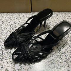 LIZAKOSHT  -  Summer High Heeled Women Modern Sandals Retro Soft Leather Mules Brand Design Black Leisure Hollow Out Lady Party Shoes