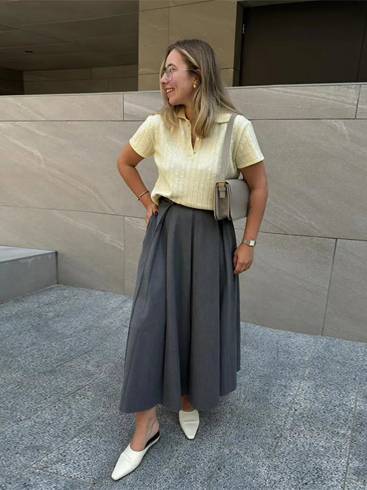 LIZAKOSHT  -  Elegant Solid Sequins Knitted Slim Tops For Women Fashion Lapel Buttons Short Sleeve T-shirt 2024 Summer New Female Streetwear