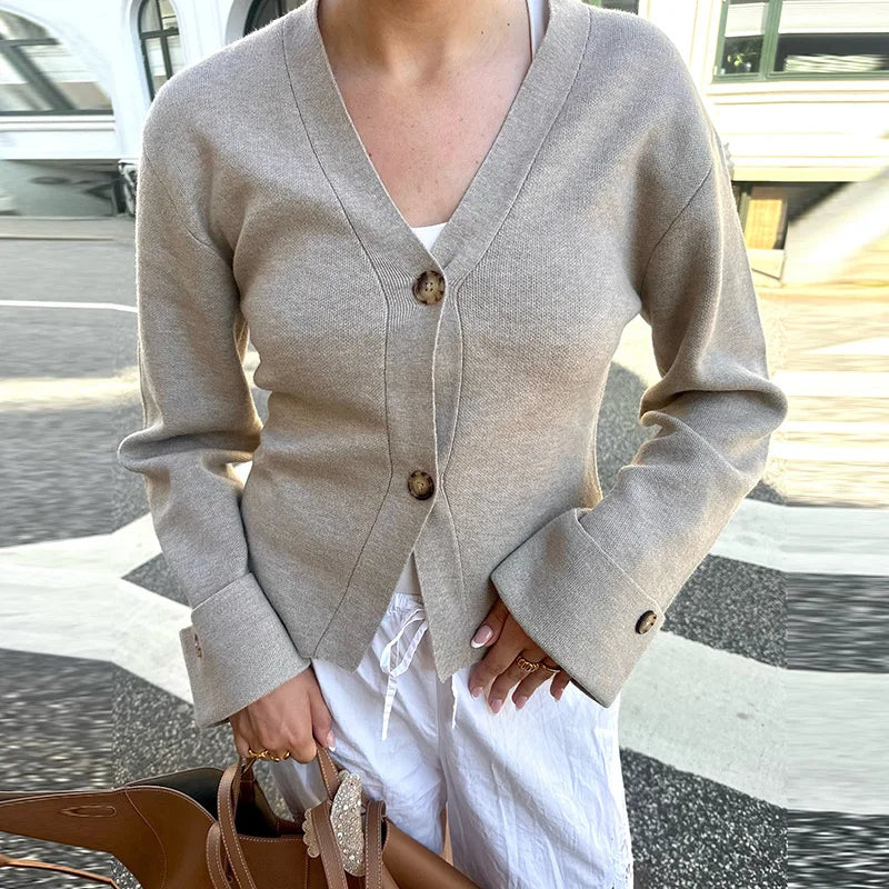 LIZAKOSHT  -  Sexy V-neck Women's Sweater Solid Long Sleeve Single Breasted Bottons Short Sweaters Female 2025 Autumn Casual Lady Open Stitch