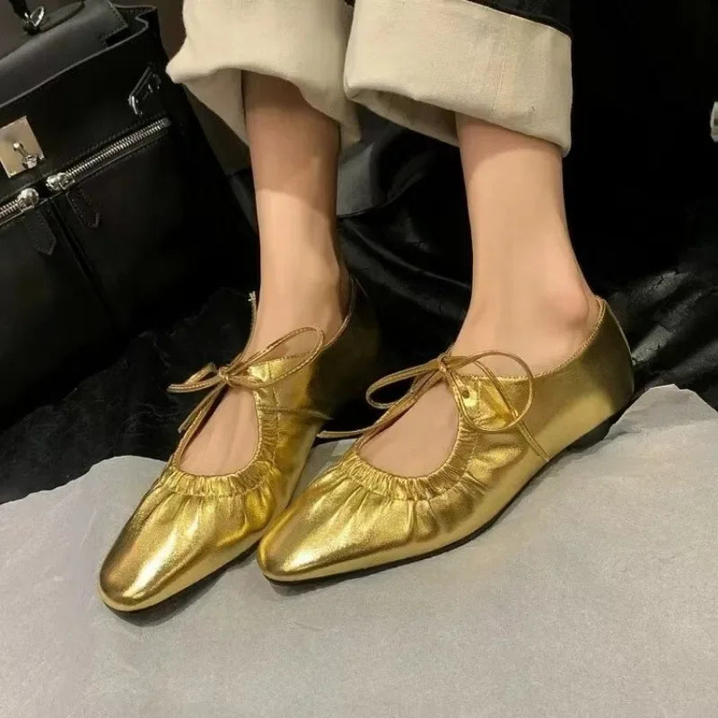 LIZAKOSHT  -  Spring/Summer Women Shoes Ballet Flats Ladies Leather Shoes Girl New Narrow Band Silver Flats Bling Bling Gold Round Loafer