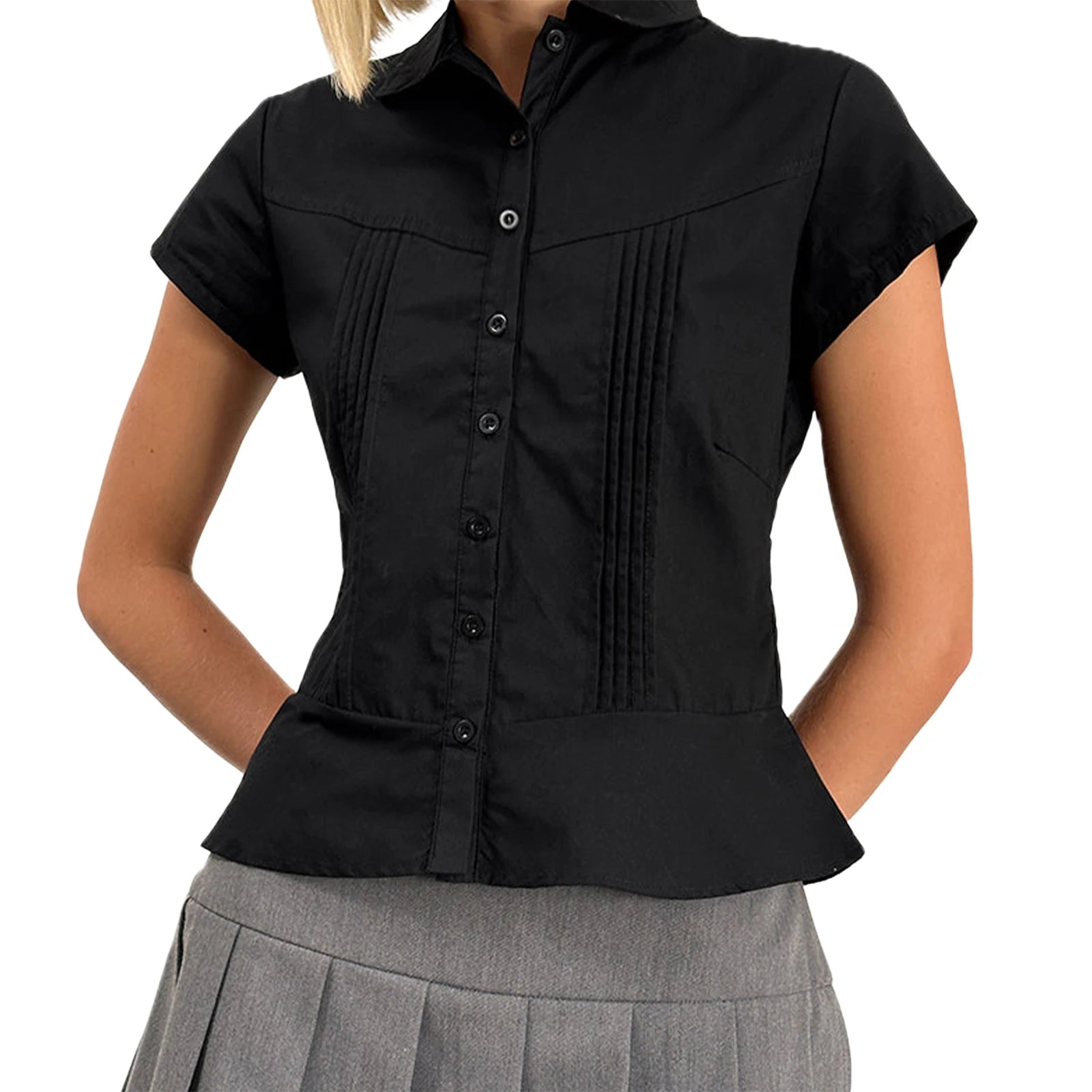 LIZAKOSHT  -  Women's Summer Shirt Solid Color Short Sleeve Lapel Button Down Pleated Slim Fit Tops