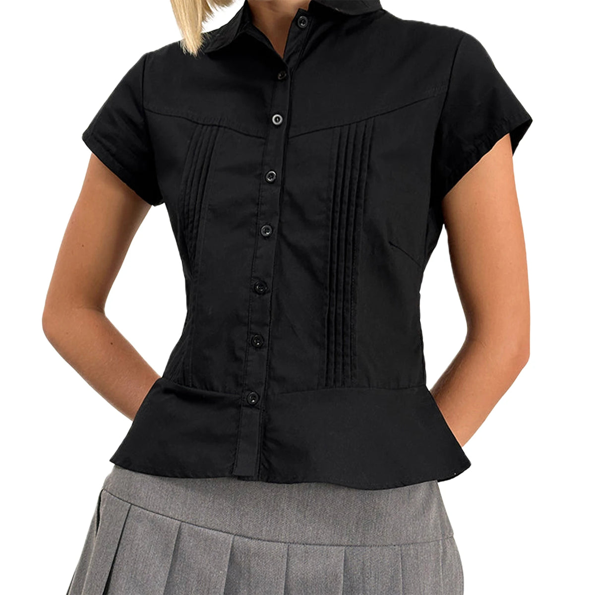 LIZAKOSHT  -  Women's Summer Shirt Solid Color Short Sleeve Lapel Button Down Pleated Slim Fit Tops