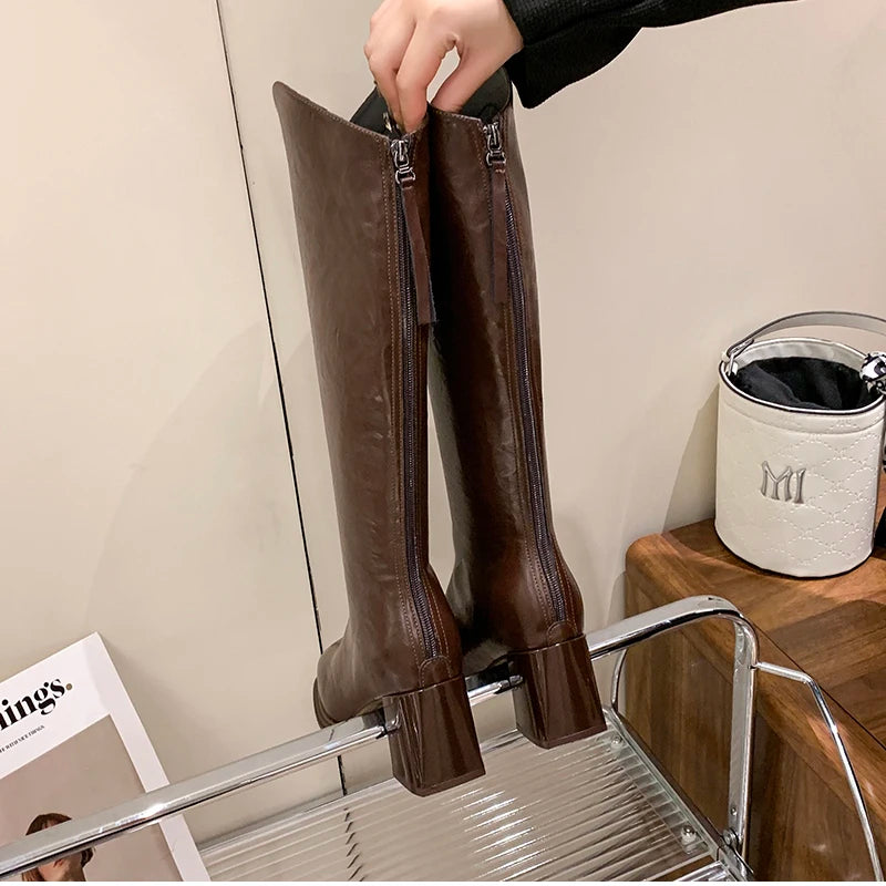 LIZAKOSHT  -  Autumn Winter Thick High Heels Women Knee High Boots Fashion Stretch Slim Modern Long Botas Para Mujer