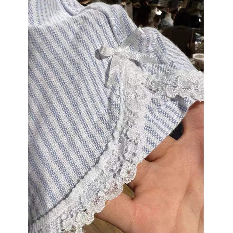 LIZAKOSHT  -  Y2k Lace Bowknot Blue Shorts Stripes Patchwork Buttons Decor Short Pants Casual Elastic Waist Shorts Loose Sleep Short For Women