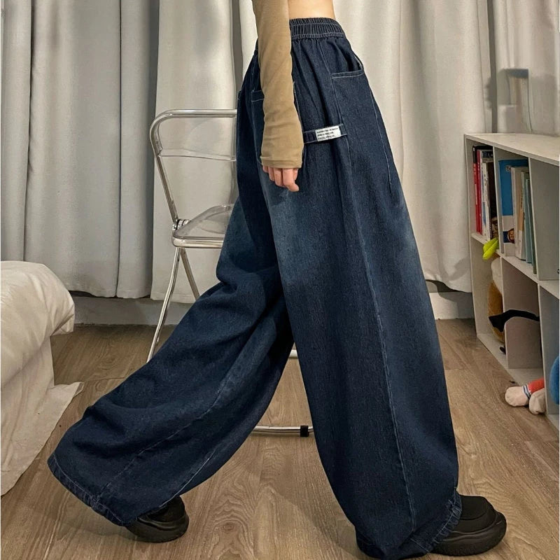 LIZAKOSHT -  Straight Basic Pants Y2k Elastic Waist Oversized American Trouser Spring Women Vintage Baggy Jeans Denim Wide Leg Streetwear
