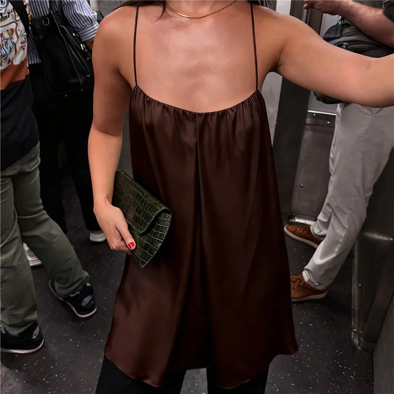 LIZAKOSHT  -  Summer High Street Stylish Solid Color Sleeveless Square Neck Spaghetti Strap Fashion Vest Women's Satin Silk Camisole Tops