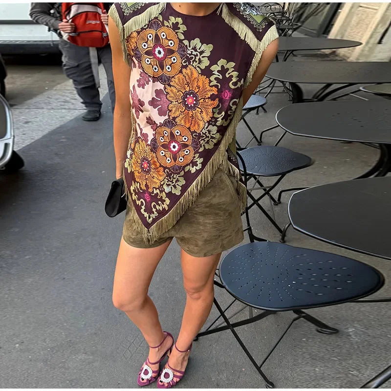 LIZAKOSHT  -  Vintage Tassel Printed Irregular Tops Women Sleeveless Round Neck Patchwork Tops Lady New Casual Daily Fashion Summer Clothes