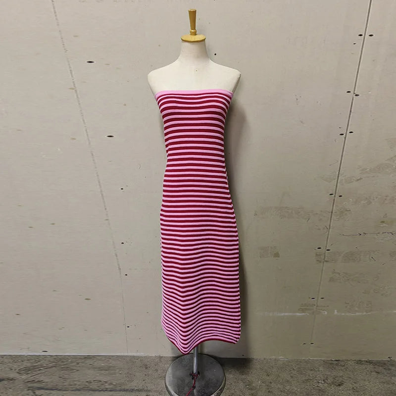 LIZAKOSHT  -  Casual Knitted Striped Tube Long Dresses Women Retro Sexy Strapless Loose Party Dress Female New Summer Fashion Versatile Robes