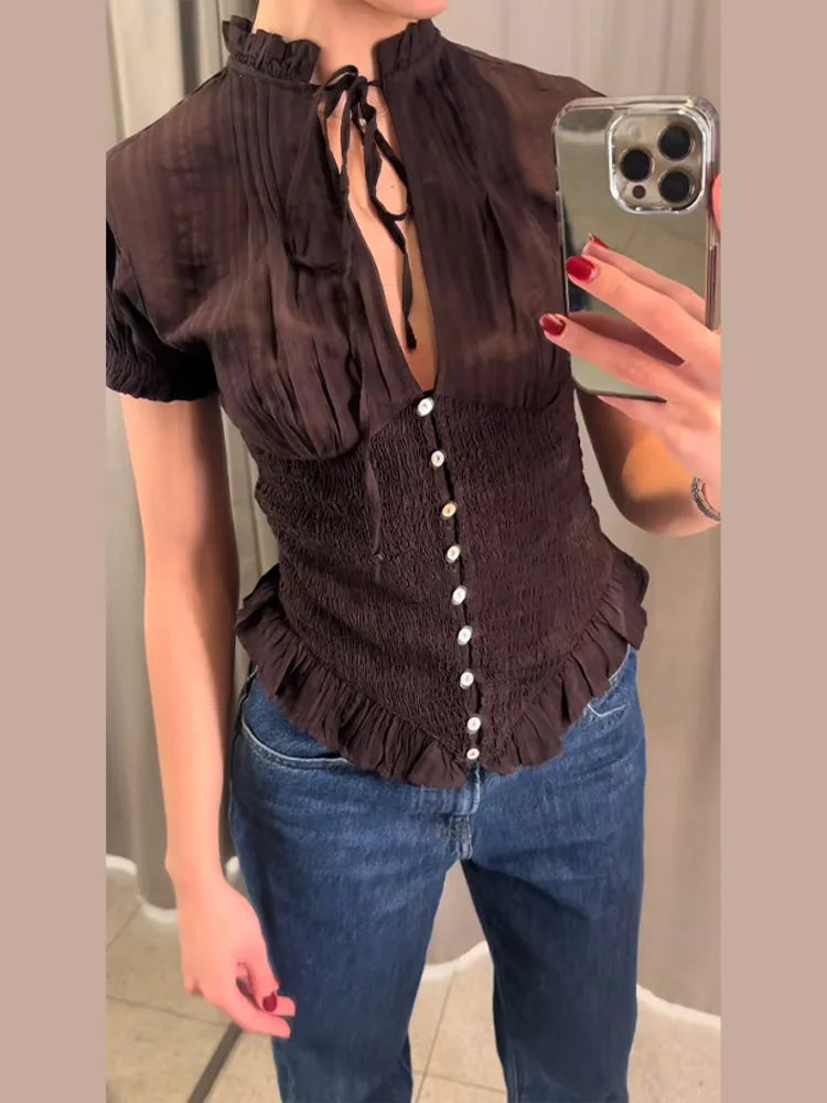LIZAKOSHT  -  Solid Black Ruched Front Tie Blouse Puff Short Sleeve Peplum Hem Spring Romantic Women Chiffon Top Fashion Sweet Lady Shirt