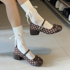 LIZAKOSHT  -  Cute Polka Dot Thick Heel Women Mary Jane Shoes Designer Buckle Strap Pumps Ladies Eelgant Butterfly-knot Dress Single Shoes
