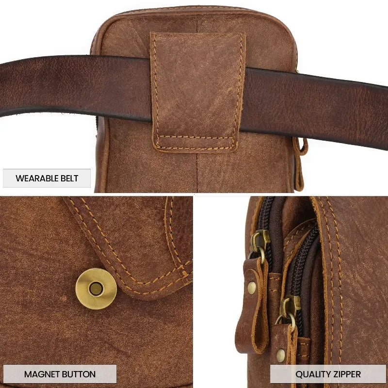 LIZAKOSHT  -  Vintage Genuine Leather Cowhide Waist Packs Men Multi Pockets Purse Zipper Belt Pouch for Outdoor Hanging Phone Bags