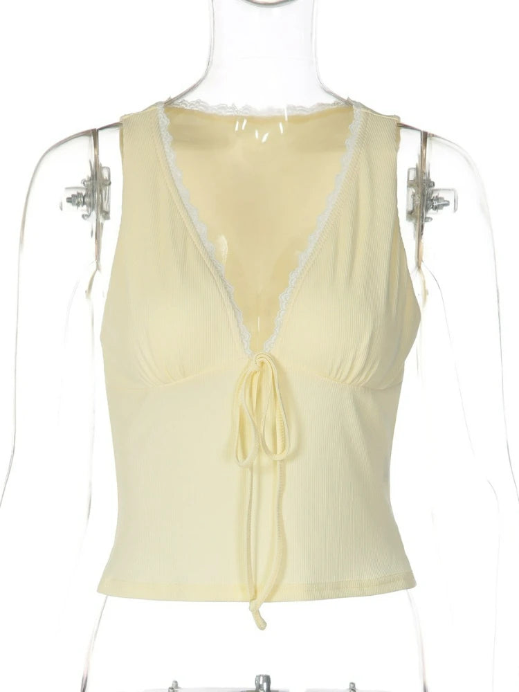 LIZAKOSHT  -  Woman Clothes Deep V-neck Yellow Tank Tops Sexy Sleeveless Lace Patchwork T-shirt Girls Y2K Corset Top Streetwear