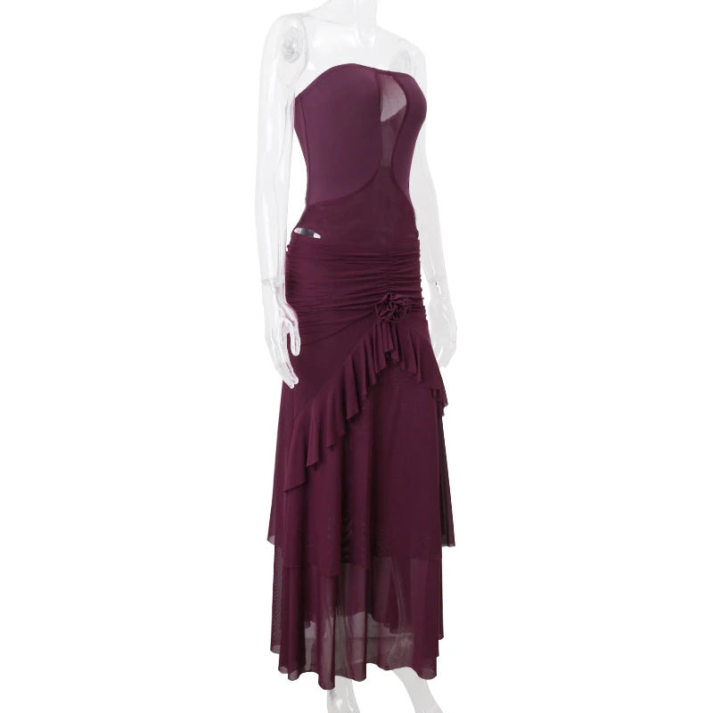 LIZAKOSHT  -  Sexy Strapless Mesh Patchwork Crop Top and Ruched Floral Appliques Long Skirts Solid Party Two Piece Club Beach Outfits