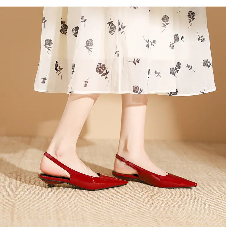 LIZAKOSHT -  Delicate Red Shiny Leather Sandals Woman Slingback Low Heels Shoes Ladies Party Brides Tacones Mujer Pointed Toe Flats Sandalias