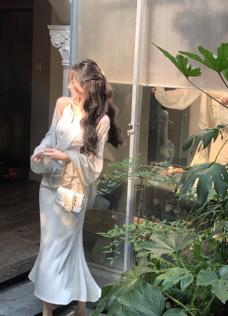 LIZAKOSHT  -  Sexy Sleeveless Satin Mermaid Long Dresses for Women New Summer French Elegant Fashion Slim Solid Tank Evening Party Robe