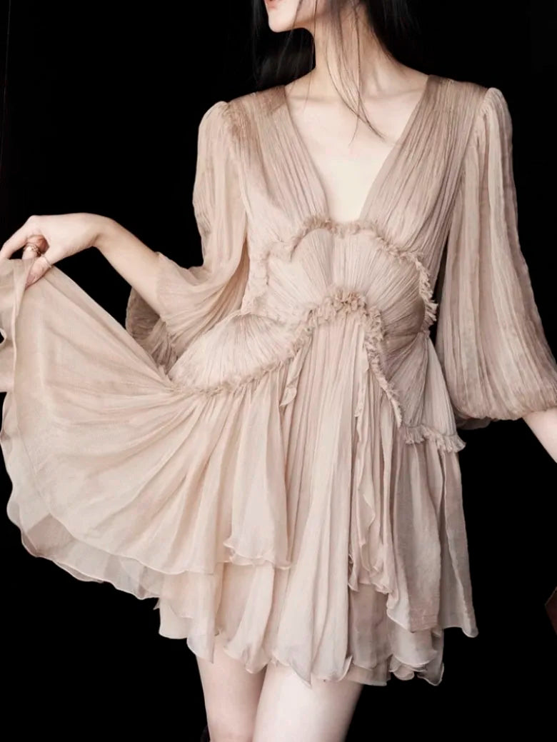 Lizakosht Elegant Ruffle Midi Dress Women Chic Long Sleeve V-Neck Pleated Fairy Dresses French Party Dress