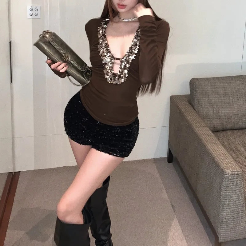 LIZAKOSHT  -  Women Crop Tops Vintage Korean Retro High Street Heavy Sequins Sexy Deep V-neck T-Shirt Streetwear Tee Shirt