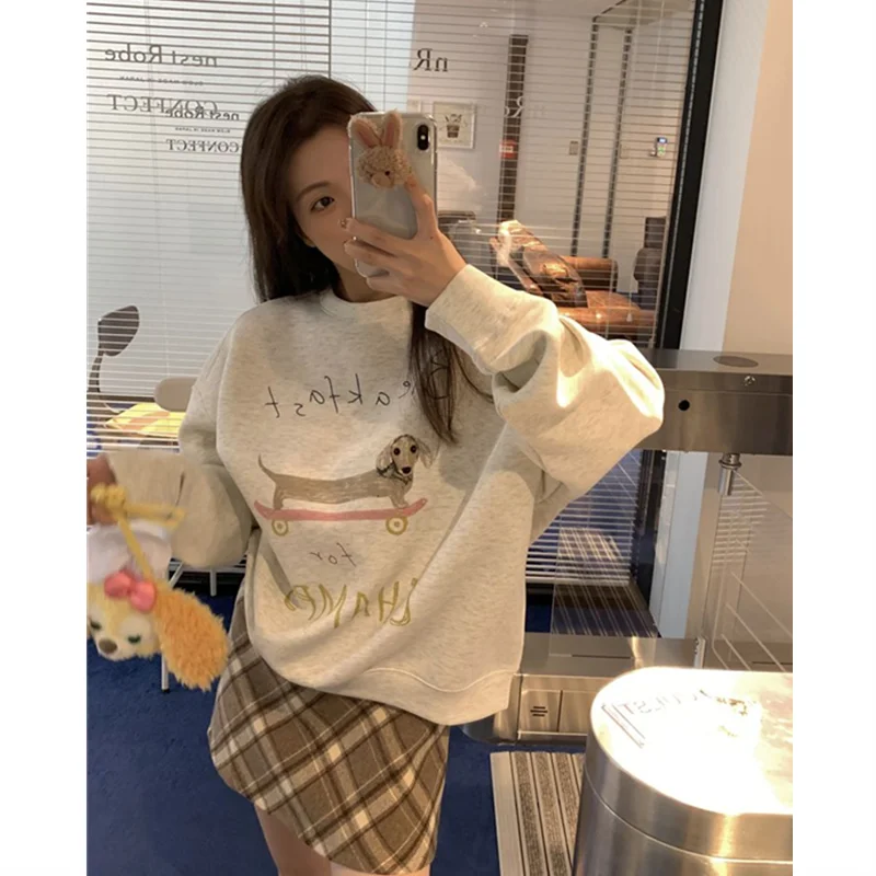 LIZAKOSHT  -  Thick Fleece Sweatshirt for Women Heavyweight Cotton Letter Print Oversize Drop-shoulder Grey Pullover Korean Chic Sweatshirts