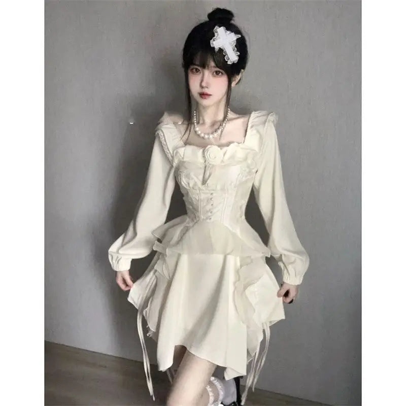 LIZAKOSHT  -  Hikigawa Spring Solid Causal Women Dress All Match Long Sleeve Slim Waist Dresses Vintage Chic Fashion Elegant Vestido De Mujer