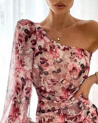 LIZAKOSHT  -  Faionable Retro Floral Print One oulder Sexy Bodycon Dr Women's Gown Svel Ele Draped Neline Evening Dr