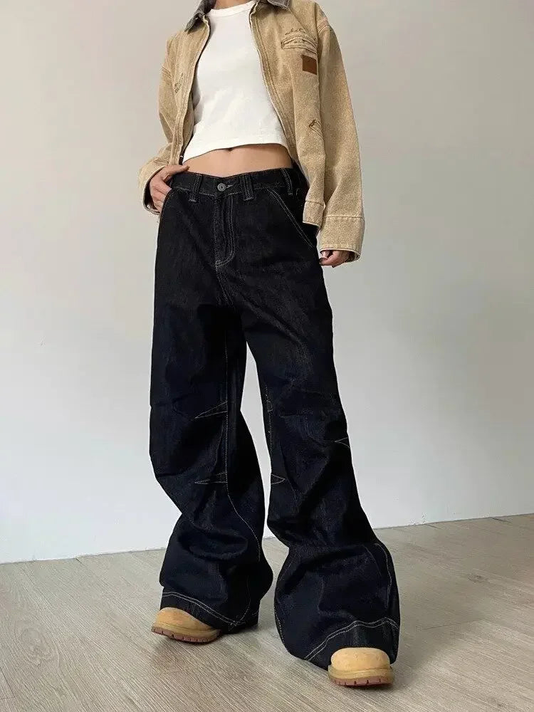 LIZAKOSHT  -  American Vintage Loose Jeans Women High Street Lazy Harajuku Y2K Wide Leg Pants Fashion Black Casual Chic Denim Trousers