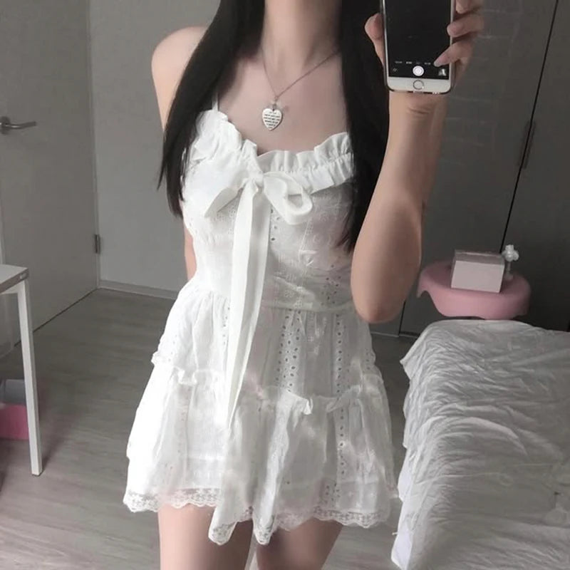 LIZAKOSHT  -  Ruched Lace Patchwork Sleeveless A-line Dress Lolita Style Holiday Party Bow Decorate Princess Mini Robe Sweet Outfit