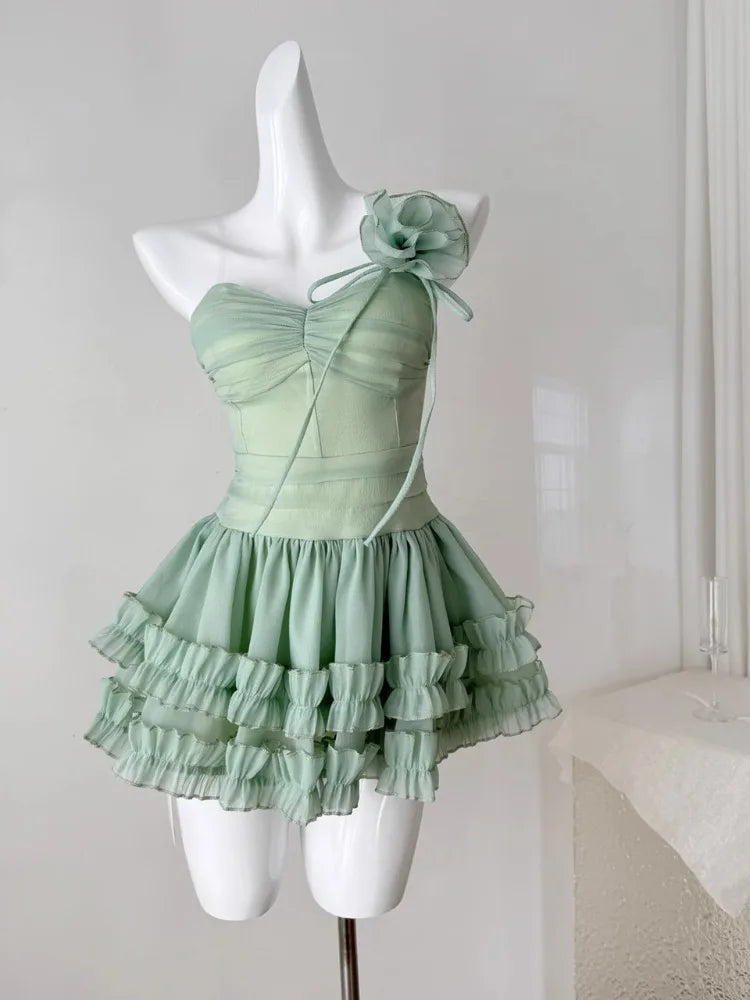 LIZAKOSHT  -  Fairy Dresses Summer French 3D Flower Sleeveless Strapless Fluffy Short Skirt Mesh Cake Dress for Women Vestidos