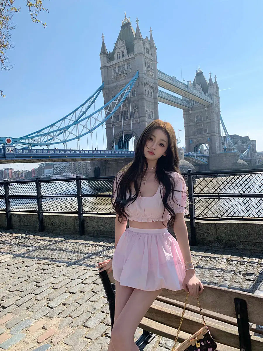 LIZAKOSHT  -  Cute Set Women's Summer Short-sleeved Square Collar Top High Waist A-line Skirt Two-piece Set Fashion Female Clothes