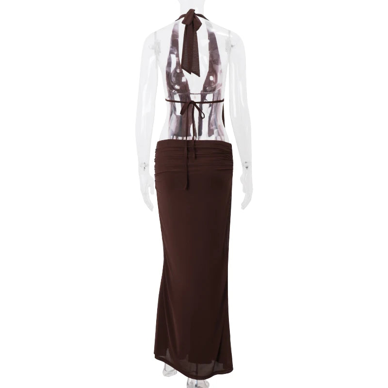 LIZAKOSHT  -  Sexy Halter Backless Bandage Hollow Out Tops and Slim Mesh Maxi Skirt Y2K Summer Fashion Evening Women 2 Pieces Set