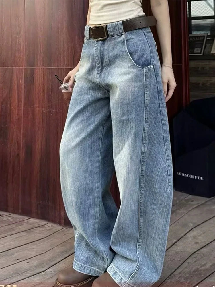 LIZAKOSHT  -  Retro Women's High Waist Wide Leg Denim Jeans Pant Washed Blue Loose-Fit Pants For Woman Spring Fall Casual Streetwear Trousers